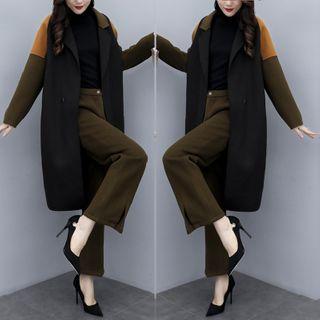 Set: Color Block Midi Button Coat + Cropped Straight-fit Pants
