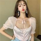 Puff-sleeve Bow-back Blouse Pink - One Size