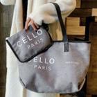 Set: Lettering Faux Leather Tote Bag + Pouch