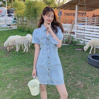 Short-sleeve Slim-fit Denim Dress Blue - One Size