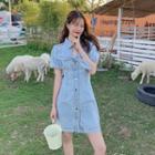 Short-sleeve Slim-fit Denim Dress Blue - One Size