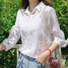 3/4-sleeve Flower-embroidered Shirt
