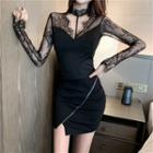 Set: Long-sleeve Lace Panel Top + Mini Fitted Skirt