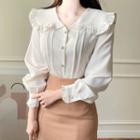 Wide-collar Pintuck Frilled Blouse