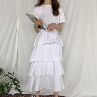 Crew-neck Short-sleeve Midi Tiered Dress