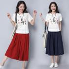 Set: Embroidered Short-sleeve T-shirt + Wide-leg Pants