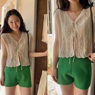 Tie-front Pointelle-knit Vest