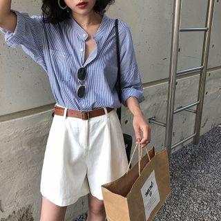Set: Elbow-sleeve Striped Shirt + Wide-leg Shorts