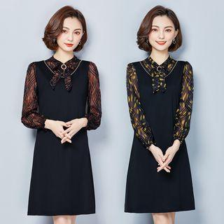 Long-sleeve Mock Two-piece Printed A-line Dress