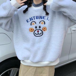 Cartoon Embroidered Faux Shearling Pullover