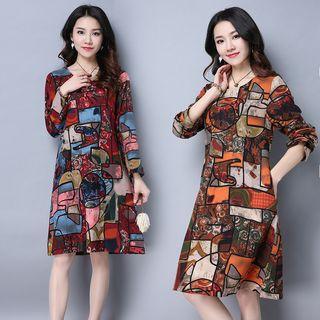 Long-sleeved Floral Print Loose-fit Crewneck A-line Cotton Dress