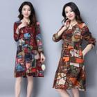 Long-sleeved Floral Print Loose-fit Crewneck A-line Cotton Dress