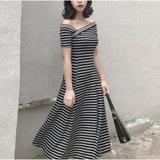 Striped Off-shoulder Short-sleeve Midi A-line Dress