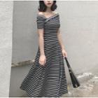 Striped Off-shoulder Short-sleeve Midi A-line Dress