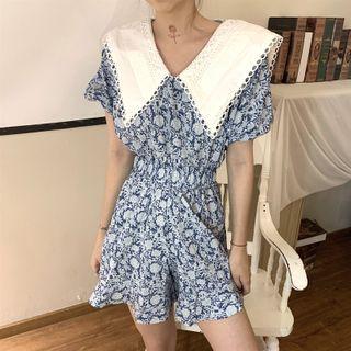 Floral Print Collared Puff-sleeve Playsuit