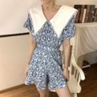 Floral Print Collared Puff-sleeve Playsuit