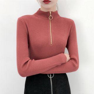 Long-sleeve Mock Neck Zipped Knit Top