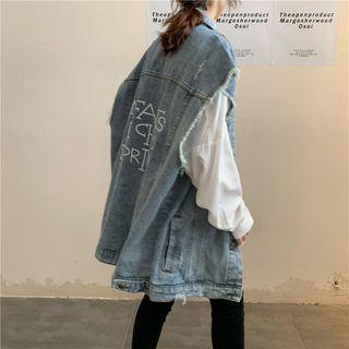 Loose-fit Printed Denim Vest Blue - One Size