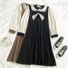 Long-sleeve Bow-accent Sailor Collar Midi A-line Dress