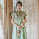 Short-sleeve Midi Skirt Hanbok Set (floral / Green)