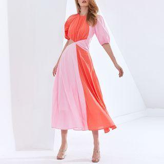 Short-sleeve Two-tone Cutout Midi A-line Dress