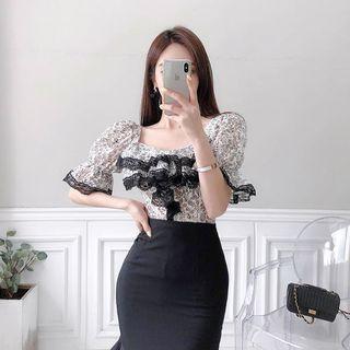 Lace-layered Floral Print Blouse
