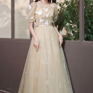 Short-sleeve Butterfly Accent A-line Evening Gown