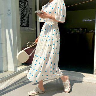 Drawstring-waist Polka-dot Dress Ivory - One Size