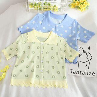 Short-sleeve Floral Button-up Knit Top