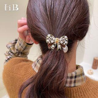 Bow Faux Pearl Rhinestone Hair Tie White Faux Pearl - Gold - One Size