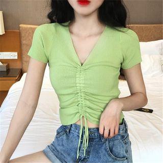 V-neck Short-sleeve Drawstring Rib Knit Top