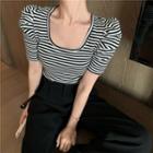 Striped Puff-sleeve Slim-fit Top