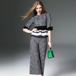 Set: Ruffle Hem Panel Top + Wide-leg Pants