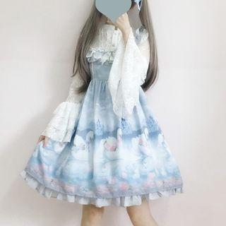 Lace Trim Blouse / Printed Sleeveless A-line Dress / Head Band / Set