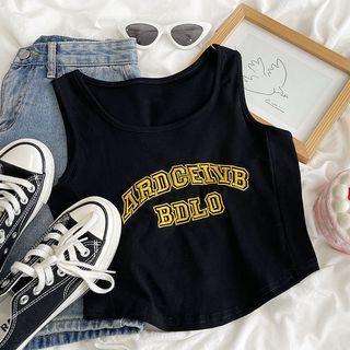 Lettering Embroidered Asymmetrical Hem Cropped Tank Top Black - One Size