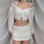 Set: Long-sleeve Cold Shoulder Button-up Crop Top + Drawstring Mini Fitted Skirt