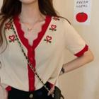 Short-sleeve Button-up Contrast Trim Knit Top Red & Almond - One Size