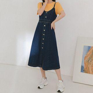 Spaghetti Strap Button Denim Midi Pinafore Dress