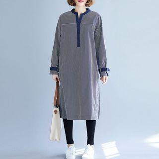 Striped Semi Split-neck Long-sleeve Dress