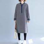 Striped Semi Split-neck Long-sleeve Dress