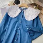 Long-sleeve Lace Denim Blouse Blue & White - One Size
