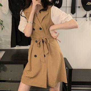 Mock Two-piece Double-breasted Elbow-sleeve Dress