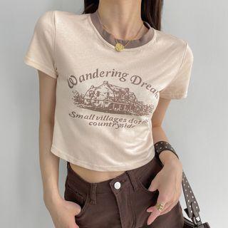 Color Block Round-neck Earth Print Short-sleeve Cropped Tee
