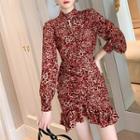 Long-sleeve Leopard Print Mock-neck Mini Dress