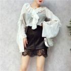 Set: Star Print Ruffle Chiffon Blouse + Lace Hem A-line Faux Leather Skirt