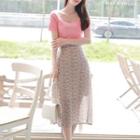 Set: Scallop-edge Knit Top + Long Floral Skirt