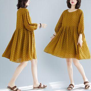 Balloon-sleeve Dotted A-line Dress