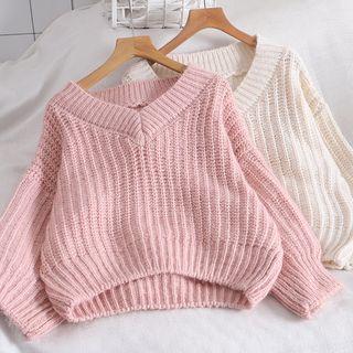V-neck Chunky Knit Plain Sweater