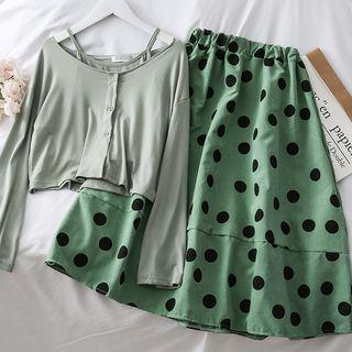 Set: Camisole Top + Light Cardigan + Dotted A-line Skirt