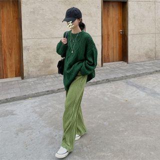 Long-sleeve Cable Knit Sweater / High-waist Loose Fit Straight Cut Ribbed Pants